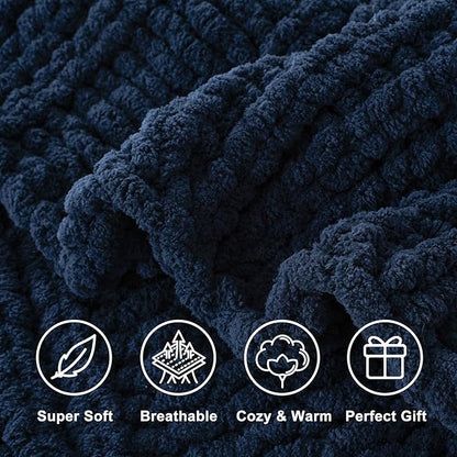 Battilo Navy Chunky Knit Throw Blanket for Couch, Navy Blue Chenille Throw Blanket Super Soft Cozy Thick Warm Cable Knitted Blanket for Bed, Sofa, Living Room, 50"x60"