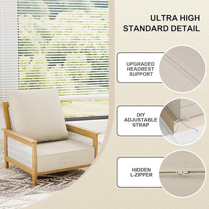 Outdoor Olefin Water-Resistant Deep Seat Cushion Set, 24''x24''x6'' Weather and Fade Resistant Patio Furniture Seat Cushion, Thickened Sofa Chair Pad with Straps for Lawn, Garden, Gray Apricot