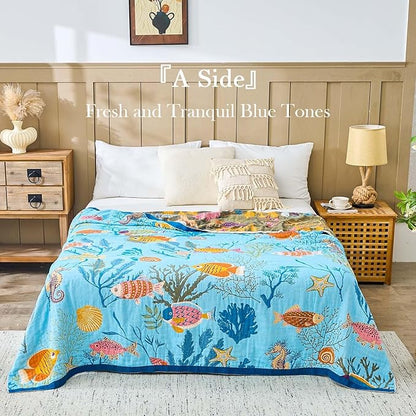 Blue Boho Blanket, 50"x60" Soft Farmhouse Decorative Throw Blanket, 100% Cotton Reversible Vintage Muslin Quilt Bohemian Decor Woven Blanket All Season Blankets for Sofa Couch Chair