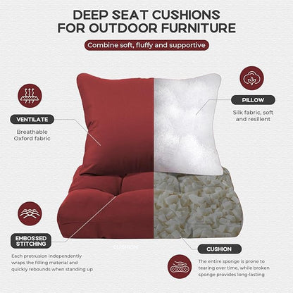 Waterproof Outdoor Chair Cushions Set of 2, Patio Cushions for Outdoor Furniture Water-Resistant & Fade-Resistant, Deep Seat & Back Cushion for Chair Sofa, 22x22 Inch (Red)