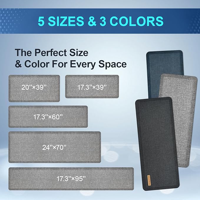 Anti Slip 7/8 inchs Anti Fatigue Kitchen Floor Mat, Ergonomic Comfort Standing Mat, Waterproof Kitchen Runner for Home, Kitchen, Office, Laundry, Garage (Light Gray, 17.3" x 95" -0.87")