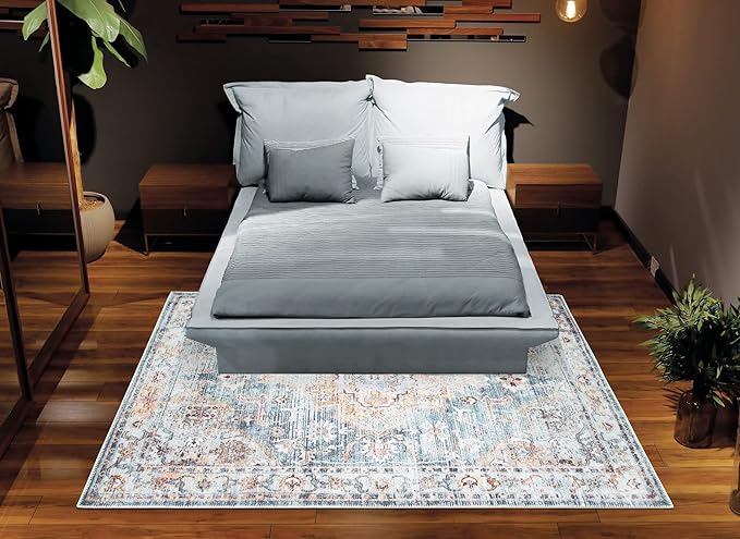 Bloom Rugs Washable Non-Slip 5' x 7' Rug - Teal/Peach Traditional Area Rug for Living Room, Bedroom, Dining Room, and Kitchen - Exact Size: 5' x 7'