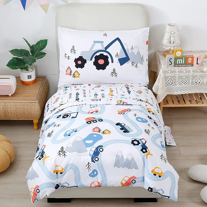 PERFEMET Cars Boys Comforter Set Twin Size 4 Pieces Reversible Truck Kids Bedding Set Soft Microfiber Vehicles Teen Boy Bed in a Bag with Sheets for All Season Use(White, Twin)
