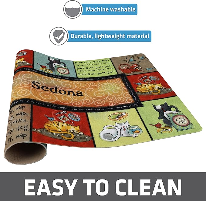 Drymate Personalized Pet Bowl Placemat, Custom Dog & Cat Food Feeding Mat - Absorbent Fabric, Waterproof Backing - Machine Washable/Durable (USA Made) (12" x 20") (Kitty Chaos)
