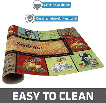 Drymate Personalized Pet Bowl Placemat, Custom Dog & Cat Food Feeding Mat - Absorbent Fabric, Waterproof Backing - Machine Washable/Durable (USA Made) (12" x 20") (Kitty Chaos)