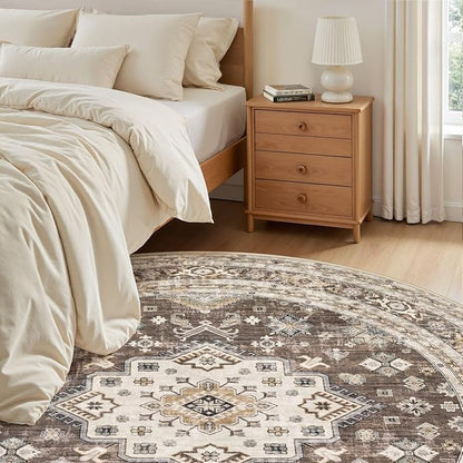 8ft Round Vintage Living Room Area Rug - 8x8 Large Soft Washable Oriental Traditional Distressed Farmhouse Rugs for Bedroom - Indoor Floor Accent Carpet for Home Office House Decor - Dark Brown