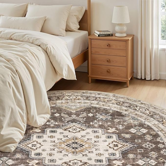 5ft Round Vintage Living Room Area Rug - 5x5 Large Soft Washable Oriental Traditional Distressed Farmhouse Rugs for Bedroom - Indoor Floor Accent Carpet for Home Office House Decor - Dark Brown
