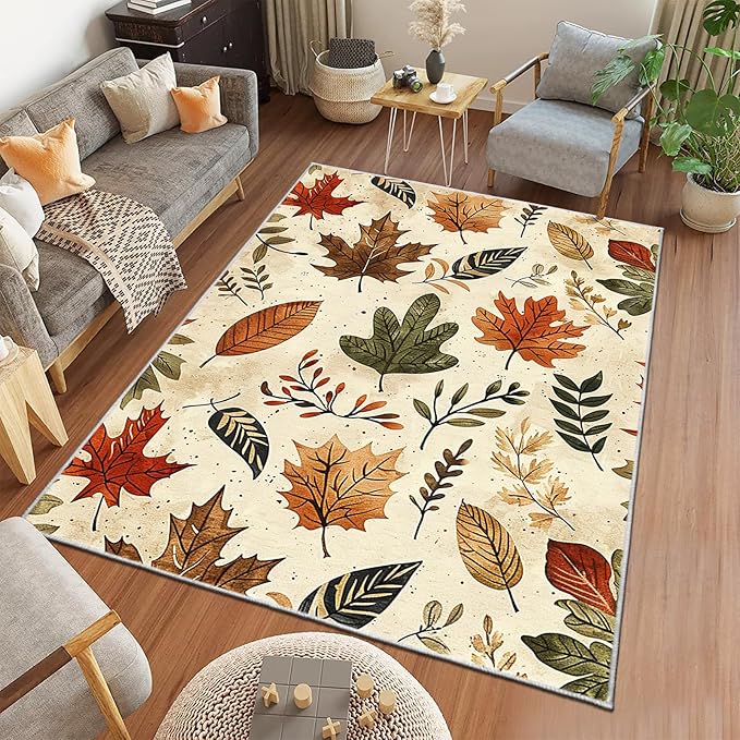 9CH Fall Leaves Area Rug 7' X 5' Brown Cute Botanical Soft Faux Wool Carpet Non-Slip Easy-Cleaning Boho Rugs for Living Room, Bedroom, Kitchen