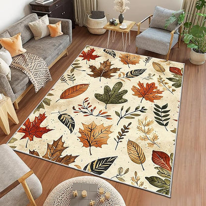 9CH Fall Leaves Area Rug 7' X 5' Brown Cute Botanical Soft Faux Wool Carpet Non-Slip Easy-Cleaning Boho Rugs for Living Room, Bedroom, Kitchen