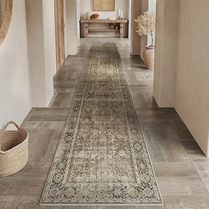 Brown Runner Rug 3x14 Vintage Area Carpet Hallway Long Indoor Kitchen Washable Living Room Low Pile Traditional Distressed Retro Accent Throw Rug Non Slip Laundry Bathroom Office Dining Room