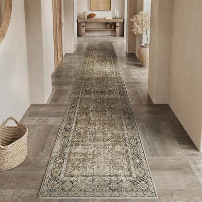 Brown Runner Rug 3x14 Vintage Area Carpet Hallway Long Indoor Kitchen Washable Living Room Low Pile Traditional Distressed Retro Accent Throw Rug Non Slip Laundry Bathroom Office Dining Room