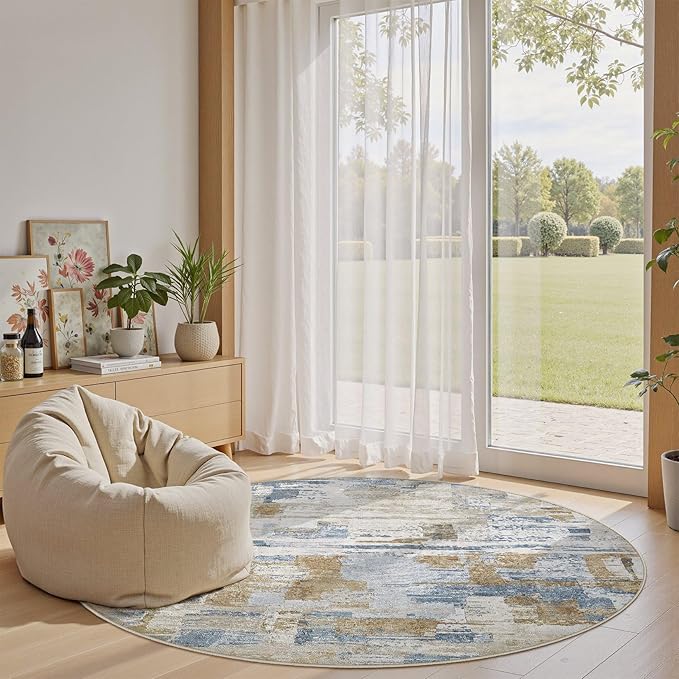 Abstract Living Room Rug 9x9 - Modern Washable Soft Thin Area Rug for Living Room Bedroom Under Dining Table - Neutral Indoor Floor Rug Carpets for Home Office Playroom Nursery - Blue Gold