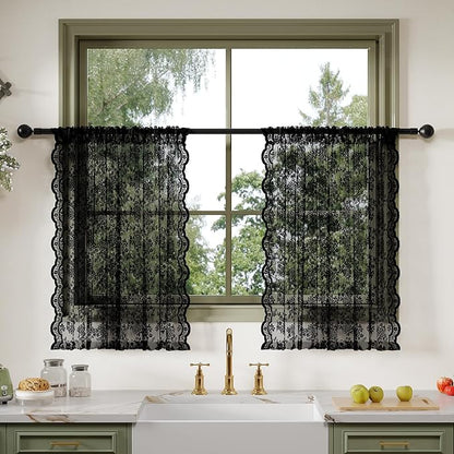 Anmao Vintage Lace Kitchen Curtains 36 Inches Long 2 Panels, Romantic Semi Sheer Floral Over Sink Lacy Cafe Curtain, Elegant Window Short Small Drapes, 55W x 36L, Black