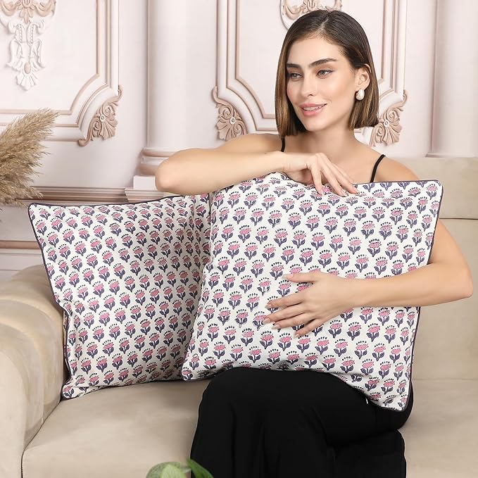 SheetKart Pure Cotton Throw Pillow Covers - Set of 2 - Hand Block Pure Cotton Printed Boho Decorative Pillow Covers - Cushion Covers for Living Room, Bohemian Theme, 18 x 18 Inches, Lavender Whisper