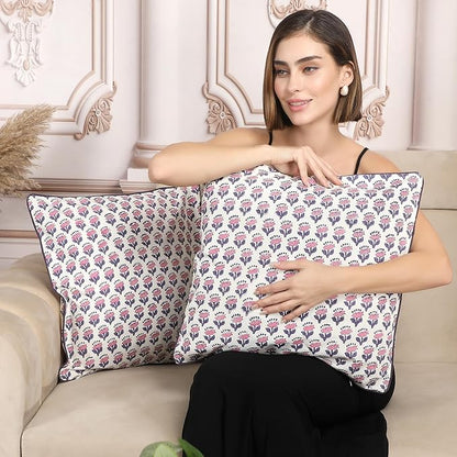 SheetKart Pure Cotton Throw Pillow Covers - Set of 2 - Hand Block Pure Cotton Printed Boho Decorative Pillow Covers - Cushion Covers for Living Room, Bohemian Theme, 16 x 16 Inches, Lavender Whisper