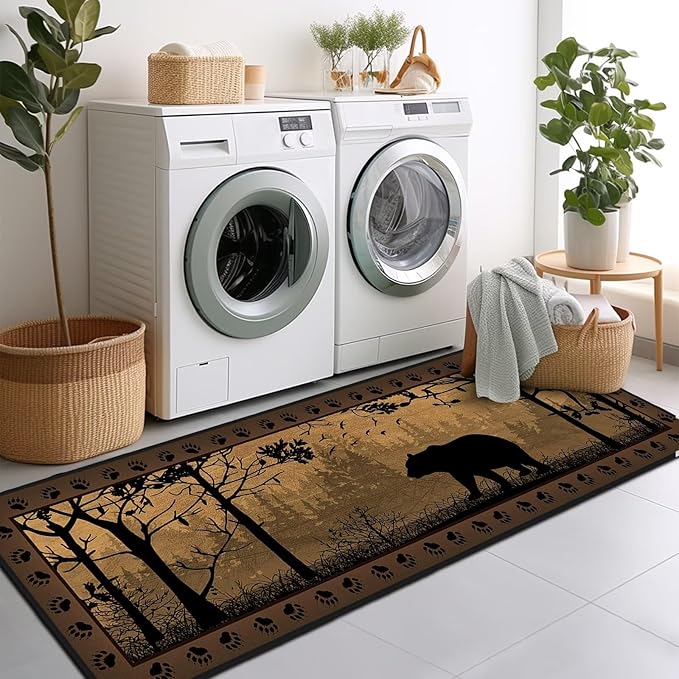 Rustic Cabin Wildlife Runner Rug 2x6,Bear Country,Ultra-Thin Throw Carpet Washable Kitchen Runners Vintage Hallway Rug Entrance Door Mat Non Slip Accent Area Rugs for Entryway,Laundry,Bathroom