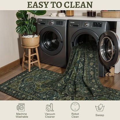 Tangsoo 2x6 Green Washable Runner Rug for Hallways, Non Slip Vintage Runner Rug, Soft Low Pile Long Rug Runner, Print Carpet Runners for Kitchen Bedroom Entryway Bathroom Living Room Olive Green