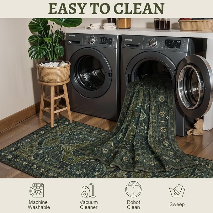 Tangsoo Green 5x7 Washable Rugs for Living Room, Vintage Non Slip Indoor Room Rug, Oriental Print Distressed Large Rugs Carpet Soft Low Pile Floor Rug for Dining Room Bedroom Dorm Olive Green