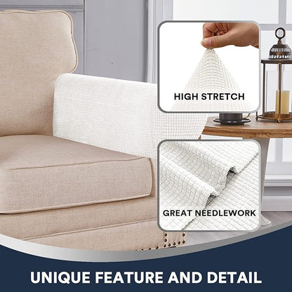 Stretch Sofa Armrest Covers - Spandex Jacquard Anti-Slip Protector for Chairs, Sofas, Couch, Recliner - Set of 2, Off White