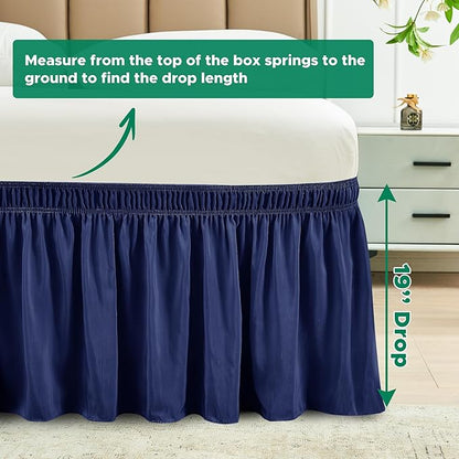 Biscaynebay Wrap Around Bed Skirts for Queen Beds 19" Long Drop, Navy Adjustable Elastic Dust Ruffles Easy Fit Wrinkle & Fade Resistant Silky Luxurious Fabric Solid Machine Washable