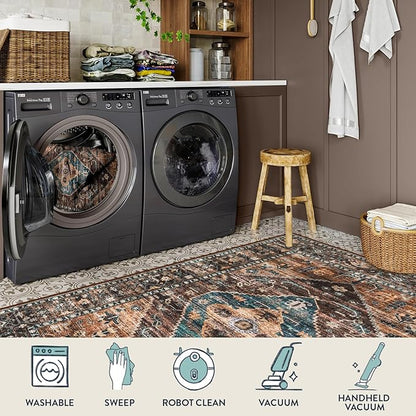 Lahome Washable Living Room Area Rug - 3x5 Non-Slip Ultra-Thin Rugs for Entryway, Throw Small Stain Resistant Kitchen Rugs, Vintage Medallion Print Carpet Rug for Office Bedroom Laundry Room Office