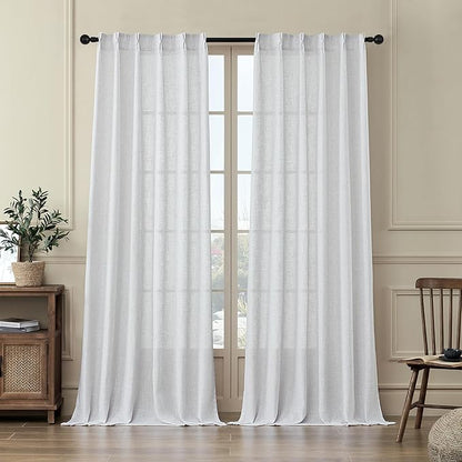 MASWOND Extra Long White Pinch Pleat Linen Curtains 120 Inches Long 2 Panels for Living Room Semi Sheer Pleated Back Tab 2 Story Drapes Light Filtering Curtain with Hooks for Dining Room W38xL120