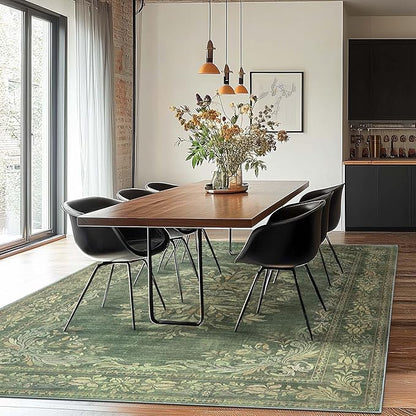 jinchan Floral 6x9 Green Area Rugs for Living Room - Machine Washable Vintage Distressed Design Soft Throw Rug Non-Slip Large Christmas Carpet for Bedroom Home Office Nursery (6x9ft, Dark Green)