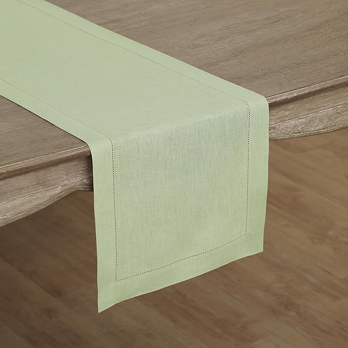 Solino Home Linen Table Runner 48 Inches - 100% Pure Linen Sage Green Hemstitch Table Runner 14 x 48 Inch Ideal for Dresser and Coffee Tables - Christmas, New Year - Classic Hemstitch