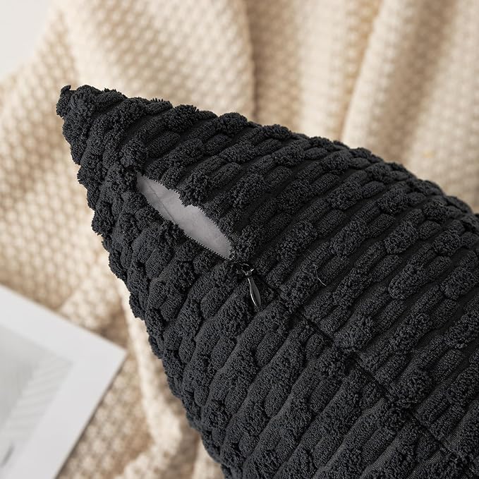 Kevin Textile 14x24 Inch Pillow Cover 1 Pack Boho Decorative Soft Striped Corduroy Lumbar Farmhouse Accent Rectangle Cushion Case for Living Room Couch Sofa Bed, Black