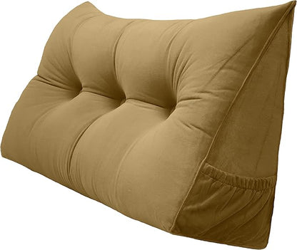 Triangular Reading Bed Rest Pillow Large Bolster Cushion Headboard Backrest Wedge Pillow with Removable Cover and Two Large Side Pockets (Golden Brown, Twin: 39 x 8 x 20 inches)