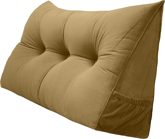 Triangular Reading Bed Rest Pillow Large Bolster Cushion Headboard Backrest Wedge Pillow with Removable Cover and Two Large Side Pockets (Golden Brown, Twin: 39 x 8 x 20 inches)