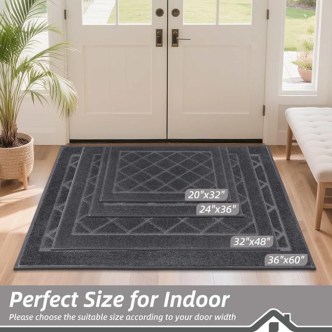 BEQHAUSE Dirt Trapper Door Mat 20" x 32", Doormat Non-Slip Entryway Rugs Washable, Dog Door Mat Stain Resistant and Absorbent Welcome Floor Mat for Front Back Door, Muddy Wet Shoes & Paws, Dark Grey