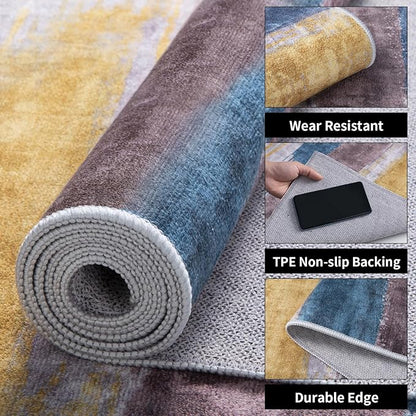 Ciicool Modern Abstract Yellow Grey Rug for Living Room, 9'x12' Machine Washable Area Rug Non-Slip Rug, Low-Pile Contemporary Indoor Dining Floor Carpet for Bedroom Office Under Table Home Decor