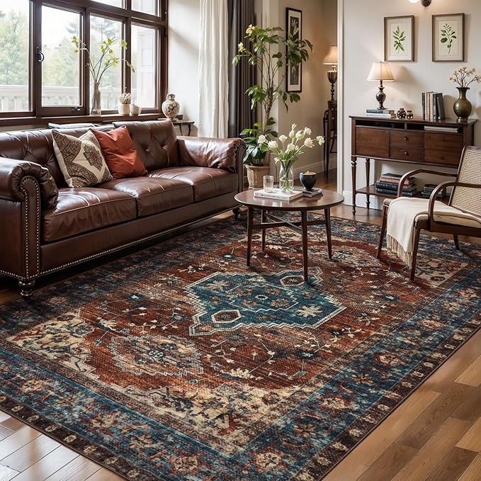 Tangsoo Washable Rug 4x6 Area Rug, Oriental Rug Indoor for Living Room, Non Slip Machine Washable Large Rugs, Soft Print Distressed Carpet for Bedroom Dining Room Dorm Office