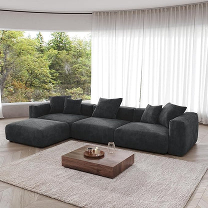 JACH Modern Corduroy Sectional Couch, Modular Sectional Sofa with Chaise Ottoman, Cushion Covers Removable, Oversized Deep Seat Soft Couches for Living Room, Office (Black)
