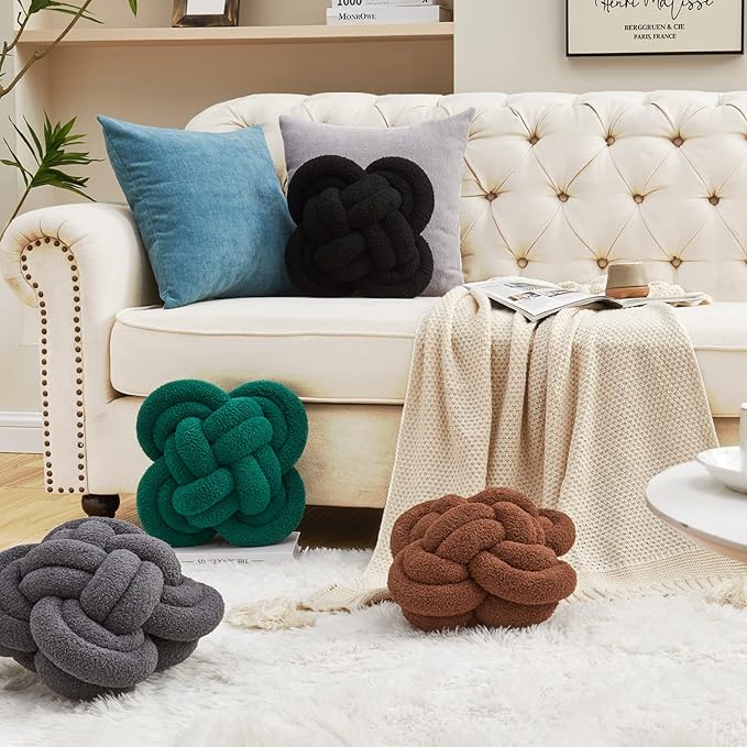Xiashrk Knot Pillow Ball, 12" Soft Decorative Throw Pillows for Couch Bed, Black Knotted Plush Throw Pillow Handmade Square Cushion Home Couch Decor Pillows for Living Room