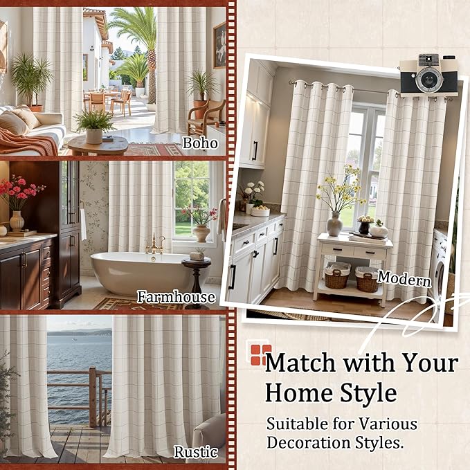 Grey Plaid Patterned Curtains Thermal Insulated - 96 Inches Extra Long Total Linen Blackout Curtains for Living Room, Boho Drapery for Farmhouse Bedroom 52x96 Inch 2 Panels
