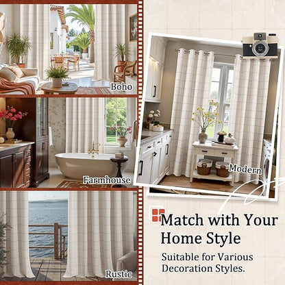 Grey Plaid Linen Blackout Curtains for Bedroom - Boho Style Curtains Thermal Insulated, Pattern Printed Rustic Drapes Window Treatments for Cottage Farmhouse, 52x63 Inch 2 Panels