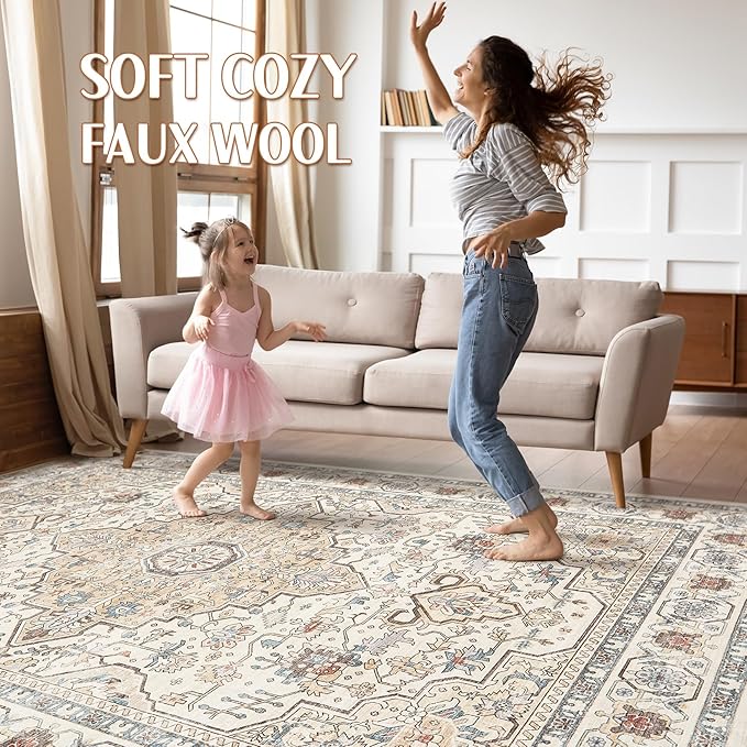 6x8 Area Rug Living Room: Washable Boho Large Neutral Vintage Soft Rugs Stain Resistant Farmhouse Non Slip Indoor Floor Carpet for Bedroom Nursery Kids Playroom Office Dining Room- Cream Blue