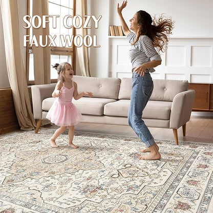 6x9 Area Rugs Living Room: Washable Boho Large Neutral Vintage Soft Rug Stain Resistant Farmhouse Non Slip Indoor Floor Carpet for Bedroom Nursery Kids Playroom Office Dining Room- Cream Blue