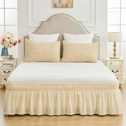 BISELINA Wrap Around Bed Skirts 17" Drop, Cotton Adjustable Elastic Dust Ruffles Easy Fit Wrinkle & Fade Resistant Soft Cozy Elegant Luxurious Bedding - Beige, King Size