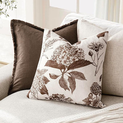 Foindtower Set of 2 Linen Floral Throw Pillow Covers Neutral Vintage Print Decorative Cushion Covers Farmhouse Boho Home Decor for Sofa Chair Couch Bedroom Living Room,18×18 Inch,Dark Brown