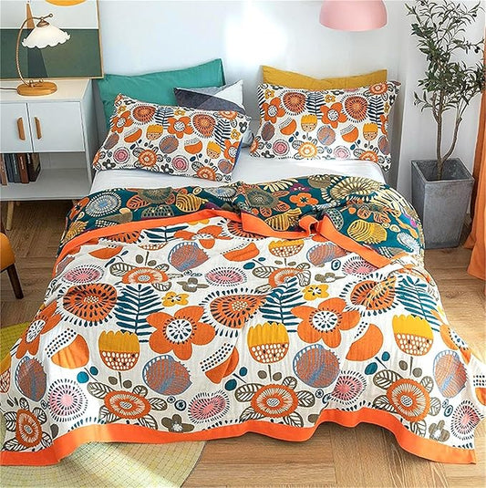 Cotton Throw Blanket for Couch Bed 100% Cotton Quilt 90''x 98'', Boho Floral Blanket Cozy Soft Muslin Farmhouse Bed Blanket Decorative Christmas Blankets Gifts for Women Mom