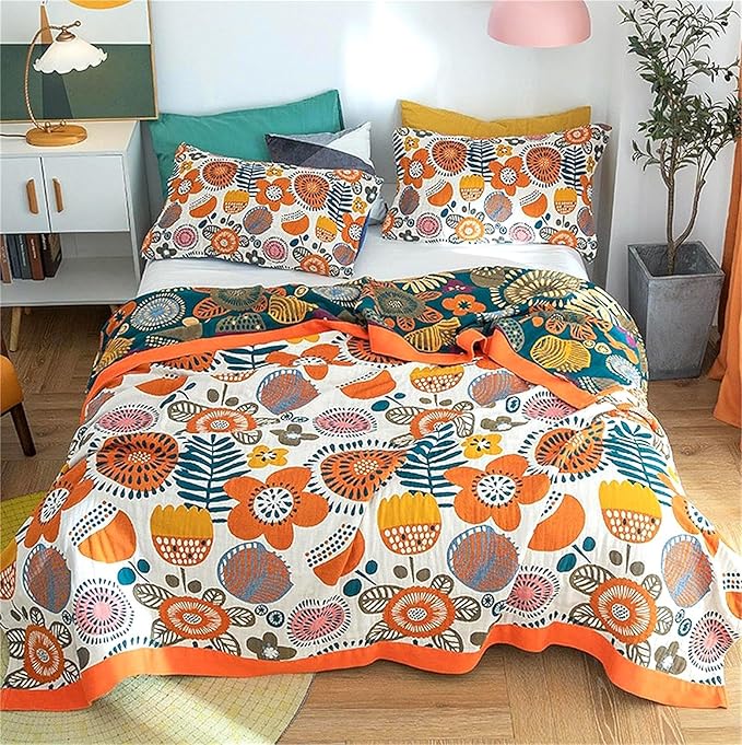 Boho Throw Blanket 60''x80'' for Bed Couch, Floral Muslin Bed Blankets Boho Quilt Travel Mexican 100% Cotton Super Soft Fall Blanket Picnic Blankets