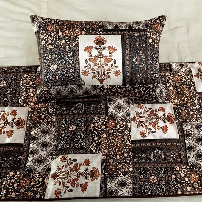 The HomeCentric King/Queen/Twin Brown Decorative Full 68"x18" Bed Runner with Pillow Cover Quilted Bed Scarf on Satin Fabric - Parisa