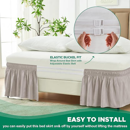 Biscaynebay Wrap Around Bed Skirts for Queen Beds with 21" Drop, Camel Grey Adjustable Elastic Dust Ruffles Easy Fit Wrinkle Resistant Silky Luxurious Fabric Machine Washable