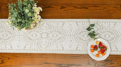 KEVA Boho Table Runner 110inches Long, Farmhouse Rustic Vintage White Embroidered Table Runners 13x110 Inch for Dining Table Decorations