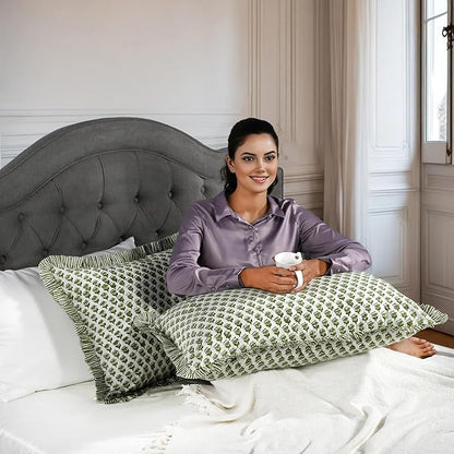 CPC Emerald Green 100% Cotton Block Print Ruffle Pillow Cover 20X30 inch Pack of 2, Handmade Boho Floral Pillowcase,Soft Decorative Queen Bed Pillow Cover for Bedroom Décor