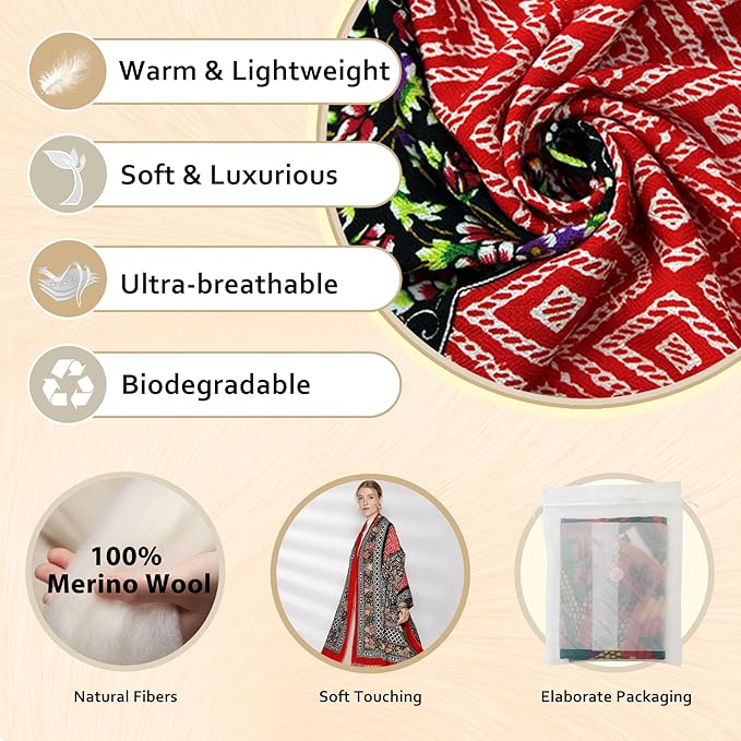 DANA XU 100% Merino Wool Pashmina Shawl for Women 96"x43", Oversized Cashmere Wrap with Tassels, Floral Travel Blanket Cape