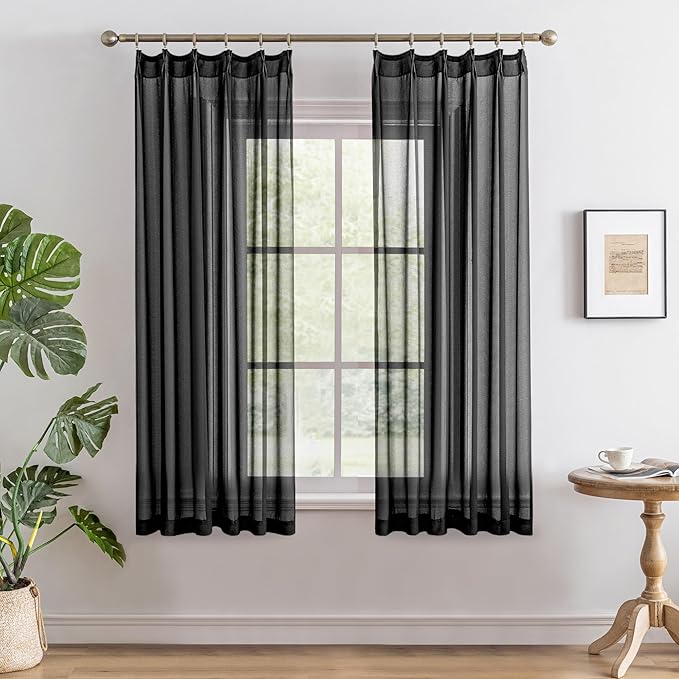 MAIHER Pinch Pleated Curtains 63 Inches Long Light Filtering Black Sheer Curtain Panels Soft Touch Short Pleated Drapes with Adjustable Hooks for Bedroom, Black, 42" W x 63" L, 2 Panels